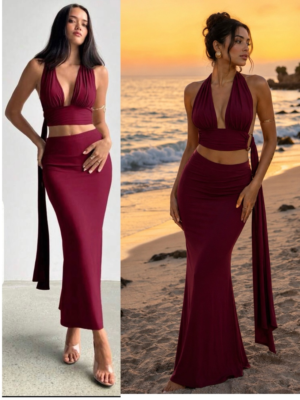 Burgundy Red Halter Wrap Crop Top & Ruched Maxi Skirt Two-Piece Set Sz L NWOT
